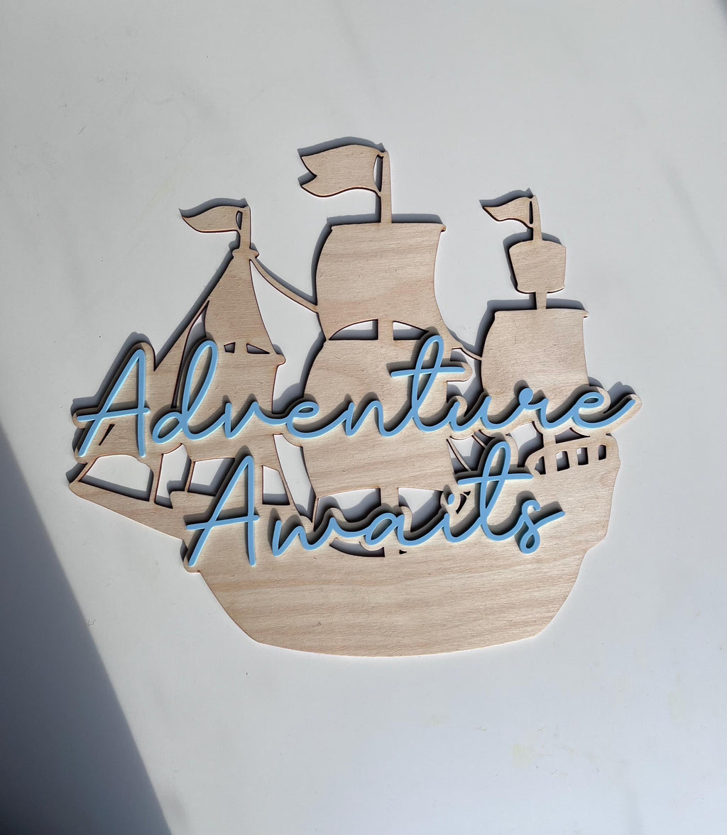 Wooden Ship Nursery Sign: Adventure Awaits Kids Room Decor
