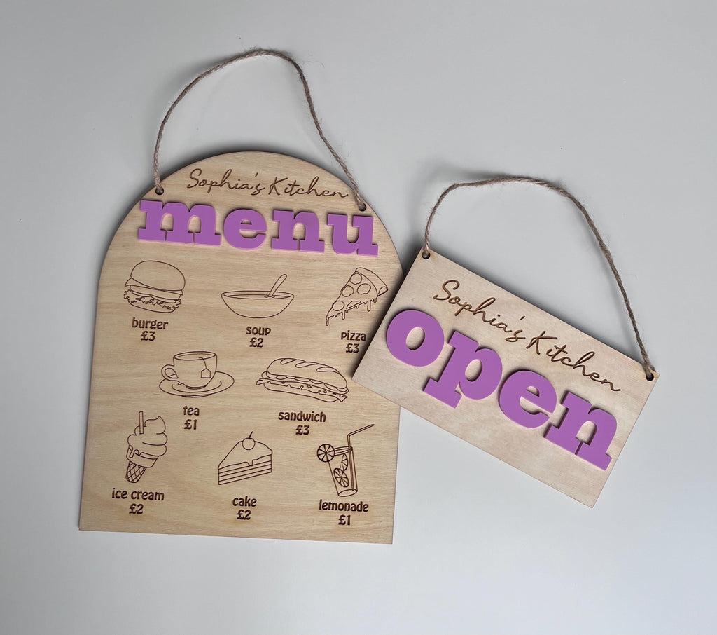 Personalised Wooden Play Kitchen Menu & Open/Close Sign