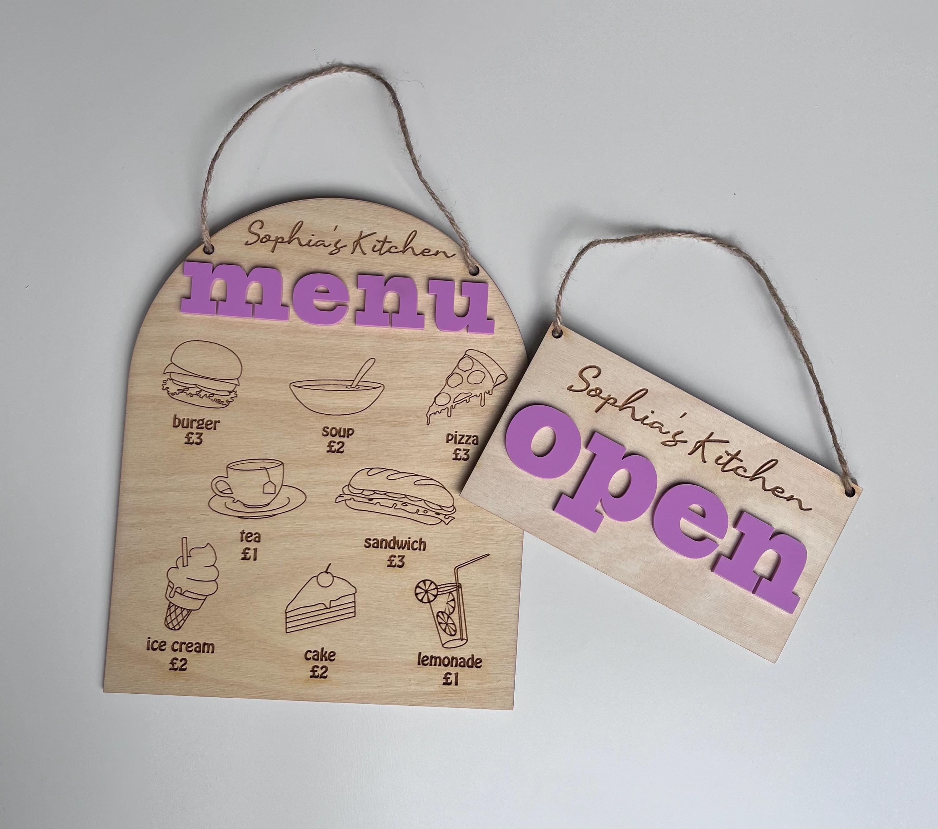Personalised Wooden Play Kitchen Menu & Open/Close Sign