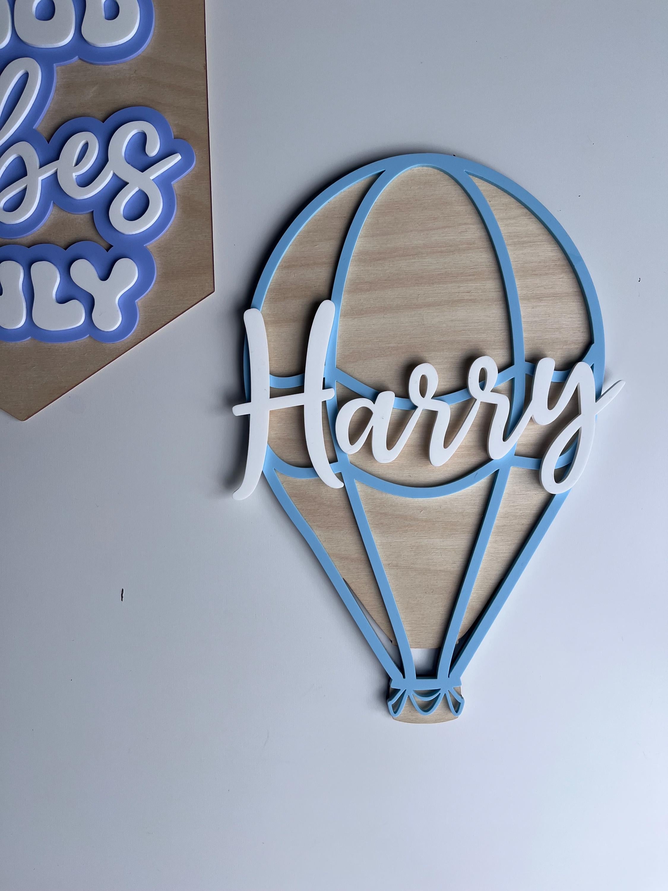 Hot air balloon name sign wooden nursery wall art