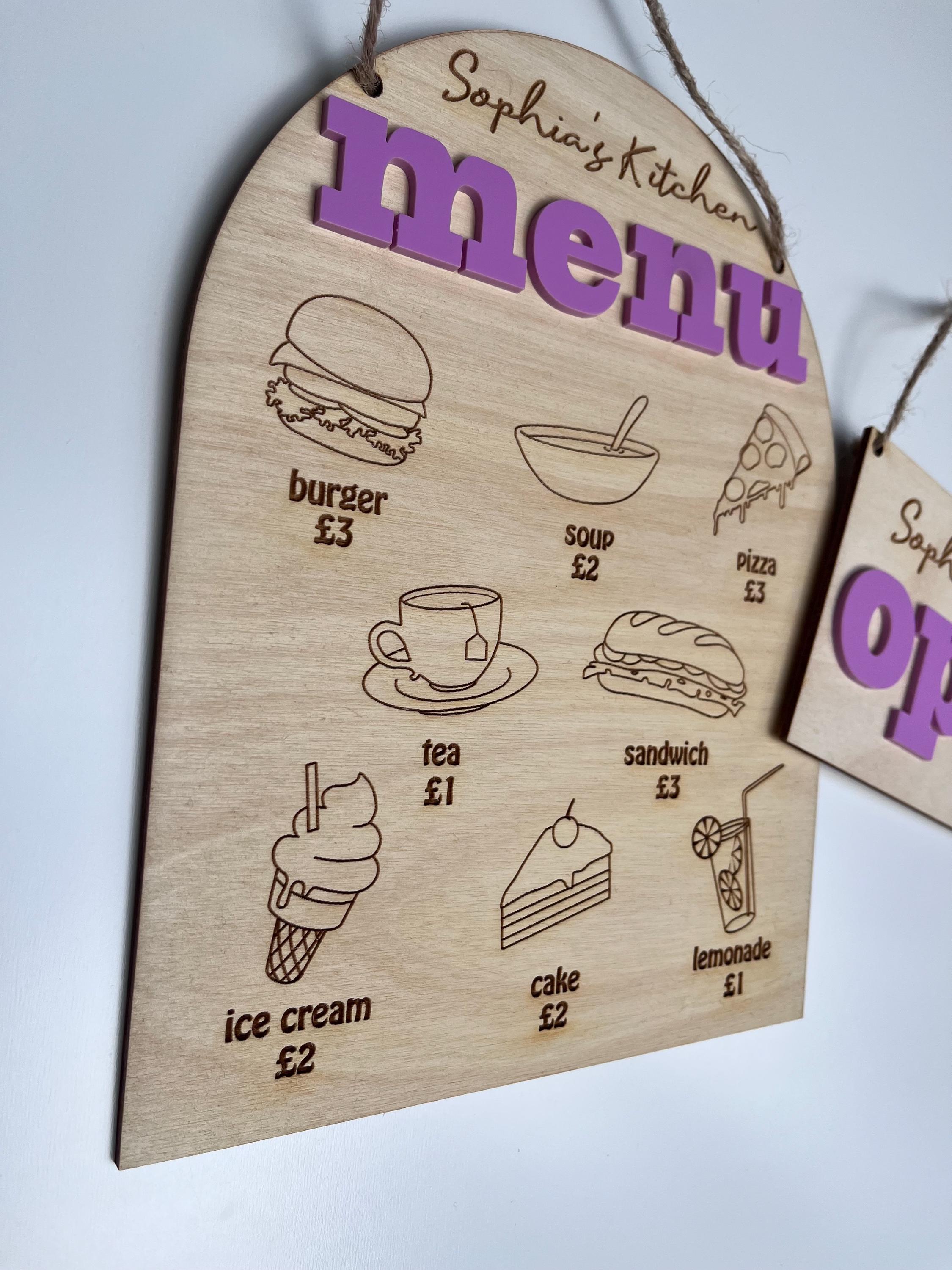 Personalised Wooden Play Kitchen Menu & Open/Close Sign